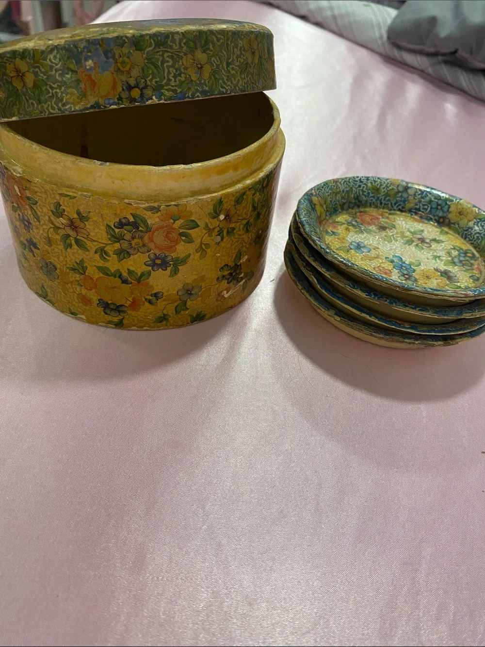 Hand-Painted Floral Round Box with Matching Coasters - Yellow Multicolor